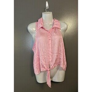 Marianne Blouse Womens Large Pink Sheer Striped Button Up Collared Tie Front Top